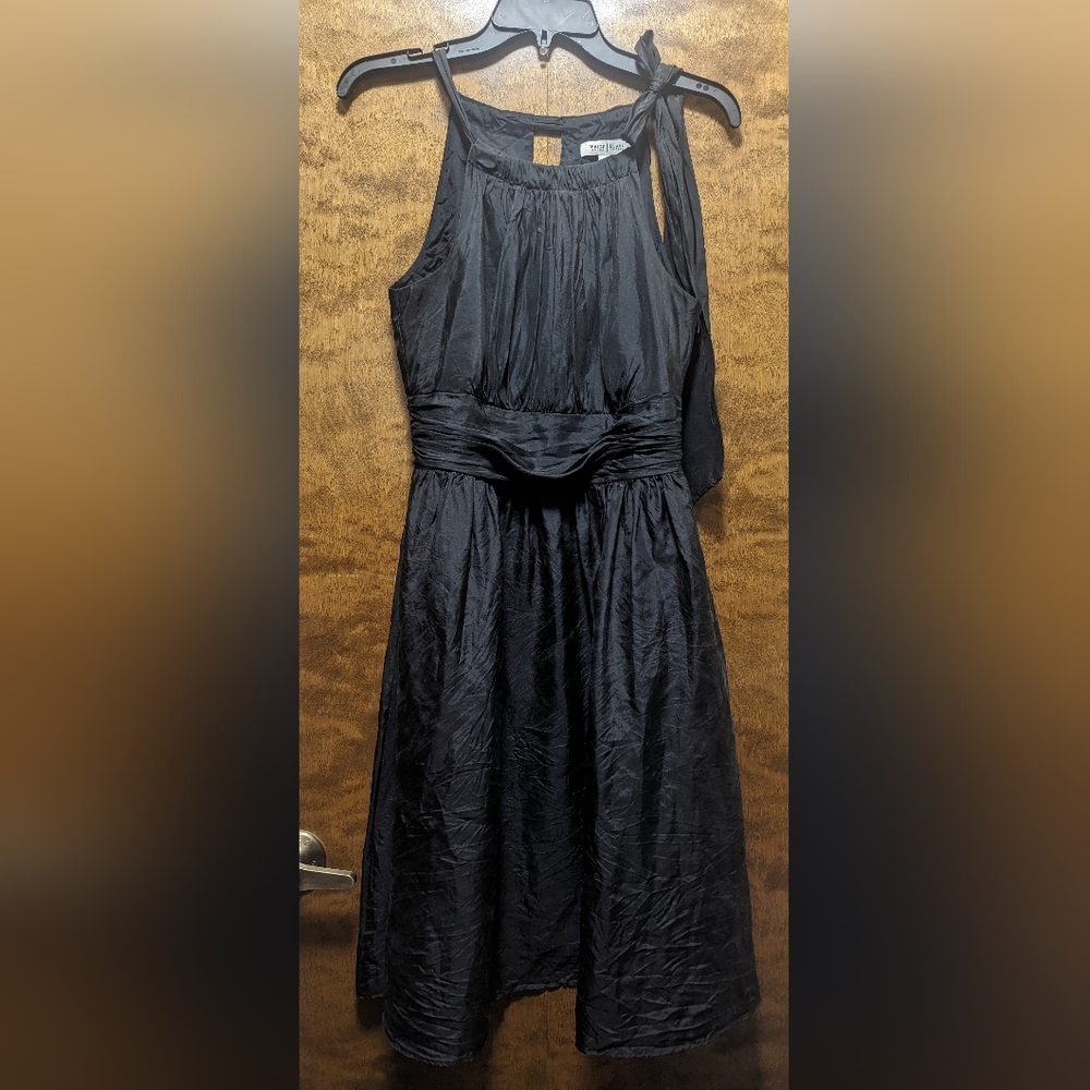 White House Black Market silk black mini dress with tie neck detail